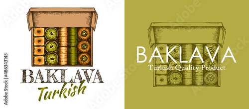 Sketch drawing Turkish pistachio baklava logo isolated on white and green background. Hand drawn oriental sweets icons. Baked desserts with nuts. Food packaging. Box with snack. Vector illustration.