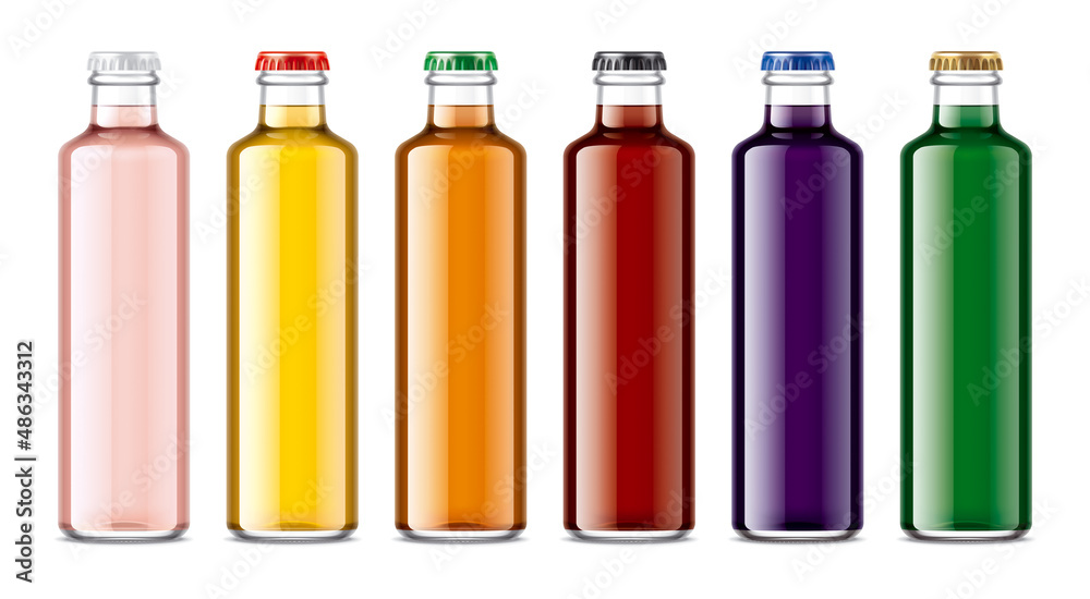 Set of Glass Bottles with transparent Juices. Set of Glass Bottles with transparent Juices.