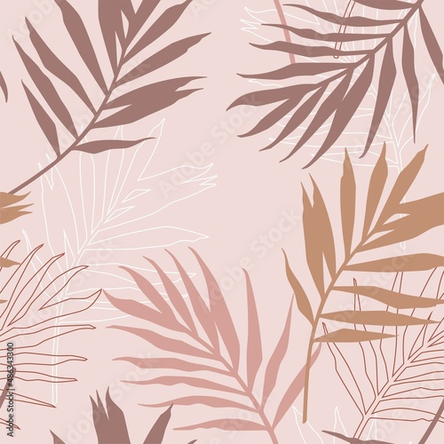 Seamless vector pattern with palm leaves in pink, powder, beige, terracotta colors. Fashionable design for beauty, textile, interior decoration, background, wallpaper, wrapping etc.
