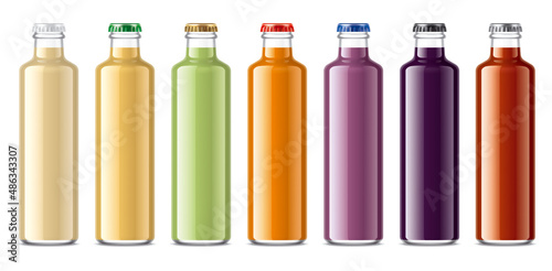 Set of Glass Bottles with non-transparent Juices. 