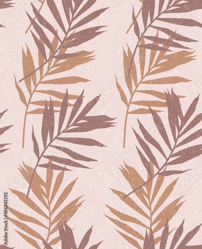Fototapeta Naklejka Na Ścianę i Meble -  Seamless vector pattern with palm leaves in pink, powder, beige, terracotta colors. Fashionable design for beauty, textile, interior decoration, background, wallpaper, wrapping etc.