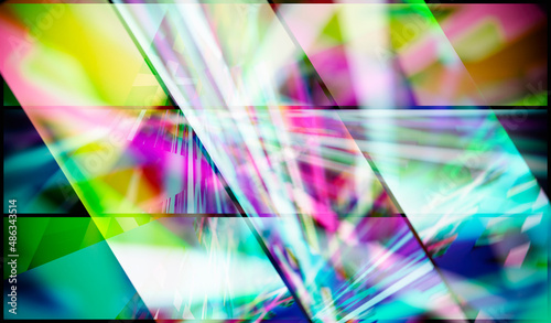 abstract composition of multi-colored rays and light reflections divided into fragments, 3d rendering, blurred image