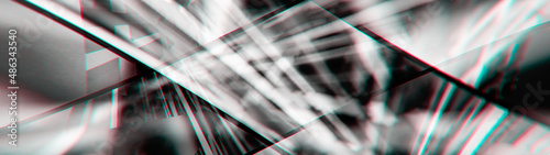 abstract composition of rays and light reflections divided into fragments, monochrome, 3d rendering, blurred image