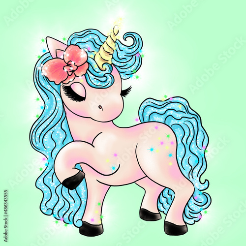 Unicorn digital drawing, cartoon style, on a green background.