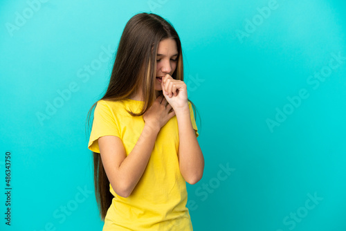 Little girl over isolated blue background coughing a lot