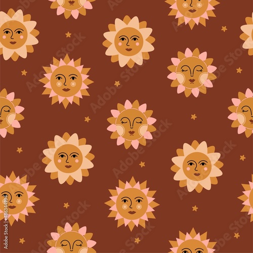 Seamless pattern of colorful abstract Suns with faces and stars. Ethnic bohemian style. Vector background.