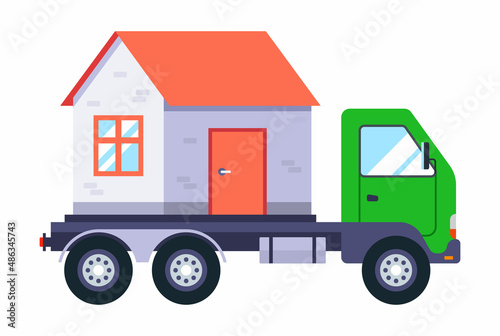 a truck transports a one-story house. motorhome travels. flat vector illustration.