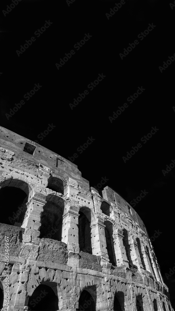Coliseum monumental arcades in Rome (Black and White with copy space above)