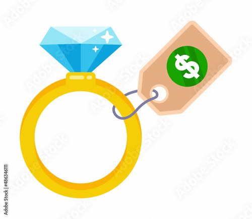 gold ring with diamond and cardboard price tag. flat vector illustration.