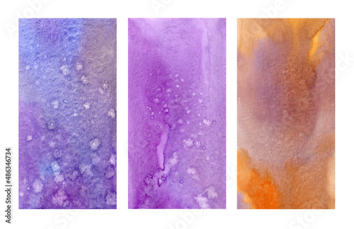 Fototapeta Naklejka Na Ścianę i Meble -  Watercolor backgrounds for vertical orientation banners. Blue, violet and lilac orange colors with light and dark small splashes. Abstract stars or snowflakes.
