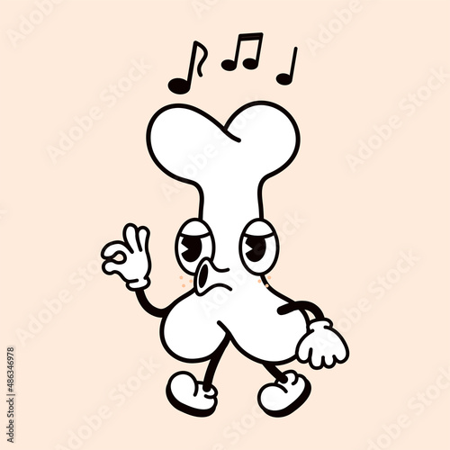 Cute funny bone walking singing character. Vector hand drawn traditional cartoon vintage, retro, kawaii character illustration icon. Isolated on white background. Happy bone walk and sing character
