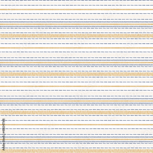 Seamless French country kitchen stripe fabric pattern print. Blue yellow white horizontal striped background. Batik dye provence style rustic woven cottagecore textile. 