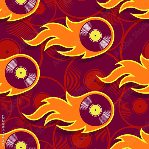 Seamless vector pattern with retro vintage vinyl record icons and flames