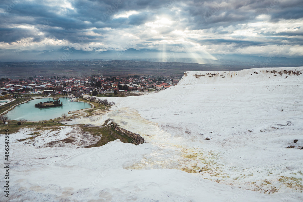 Pamukkale travertine terraces during winter.