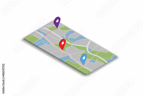 .	
3D Isometric map with destination location point, Aerial clean top view of the day time city map with street and river, Blank urban imagination map, GPS map navigator concept