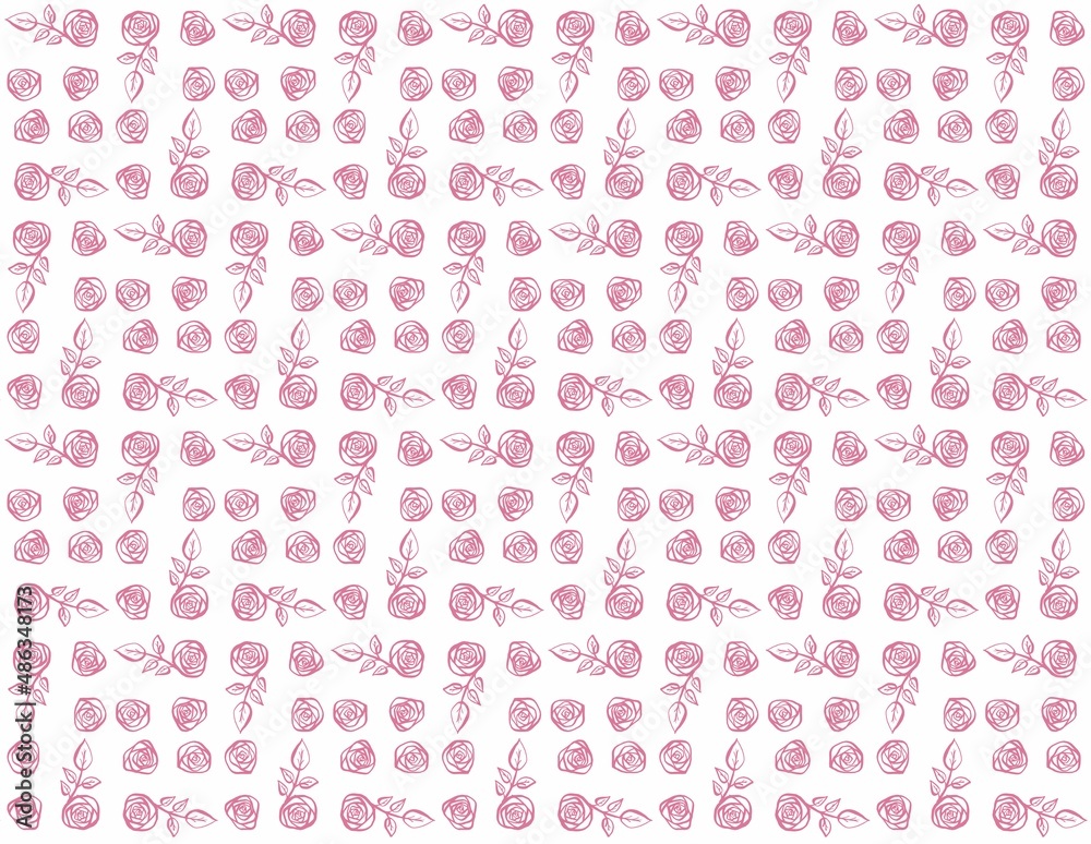 pattern print pink color rose with leaves on white background is drawn by hand pattern print pink color rose with leaves on white background is drawn by hand