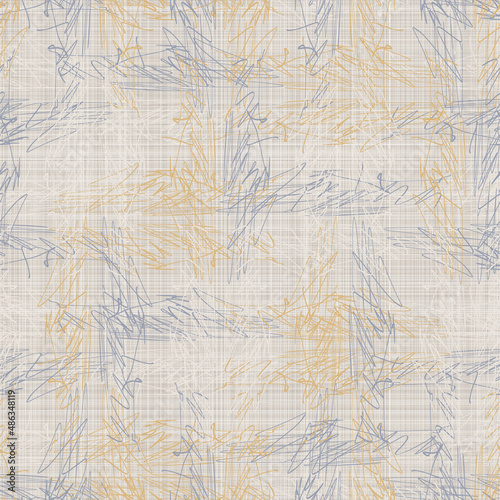 French blue doodle motif linen seamless pattern. Tonal country cottage style abstract scribble motif background. Simple vintage rustic fabric textile effect. Primitive drawing shabby chic cloth.