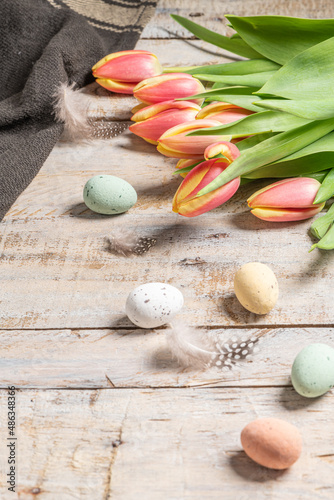 Easter eggs and blossom tulips on background. Top view flat lay.Bright pink and yellow tulip spring flower . Easter composition
