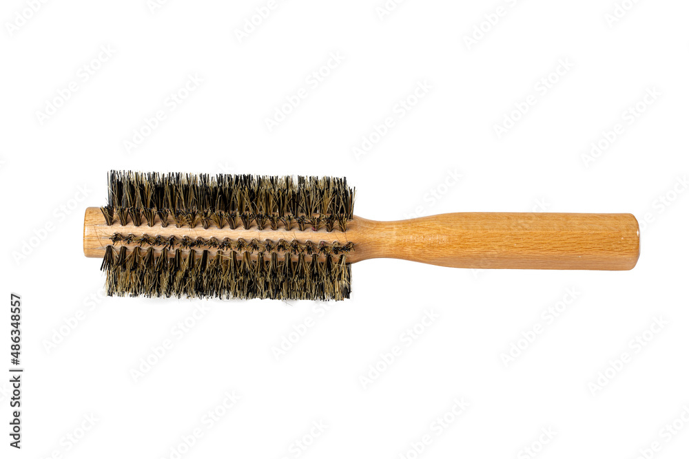 Used Round Hair Brush. Hair tools, beauty and hairdressing concept - brushes or combs on white background. Used Round Hair Brush. Hair tools, beauty and hairdressing concept - brushes or combs on white background.