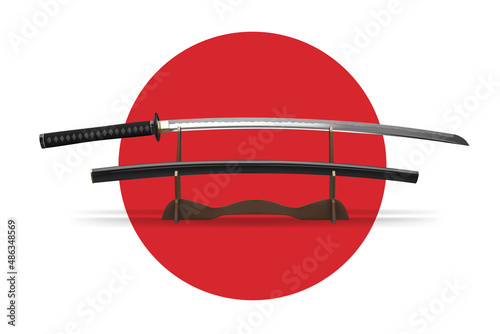 Japanese katana sword and scabbard on a stand. Vector 3D illustration photo