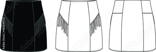 Vector mini skirt fashion CAD, woman fringe detailed skirt technical drawing, sketch, template, flat. Jersey, woven fabric, leather or suede skirt with front, back view, white color