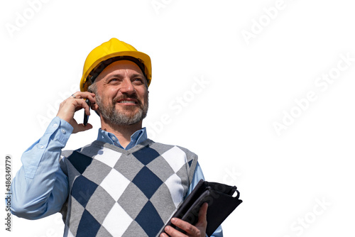 Portrait of Smiling Manager with Mobile Phone and Digital Tablet Isolated On White Background. Business Person or Construction Foreman in Yellow Hardhat Talking on Mobile Phone.