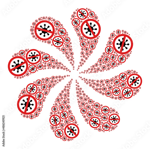 Stop virus icon exploding motion flower salute shape. Flower whirlpool organized from scattered stop virus symbols. photo