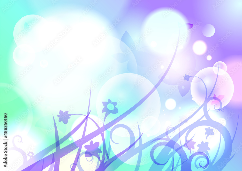 Spring vector fantasy background with butterflies, flowers and bokeh lights backdrop