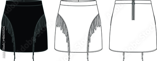 Vector mini skirt fashion CAD, woman fringe detailed skirt technical drawing, sketch, template, flat. Jersey, woven fabric, leather or suede skirt with front, back view, white color