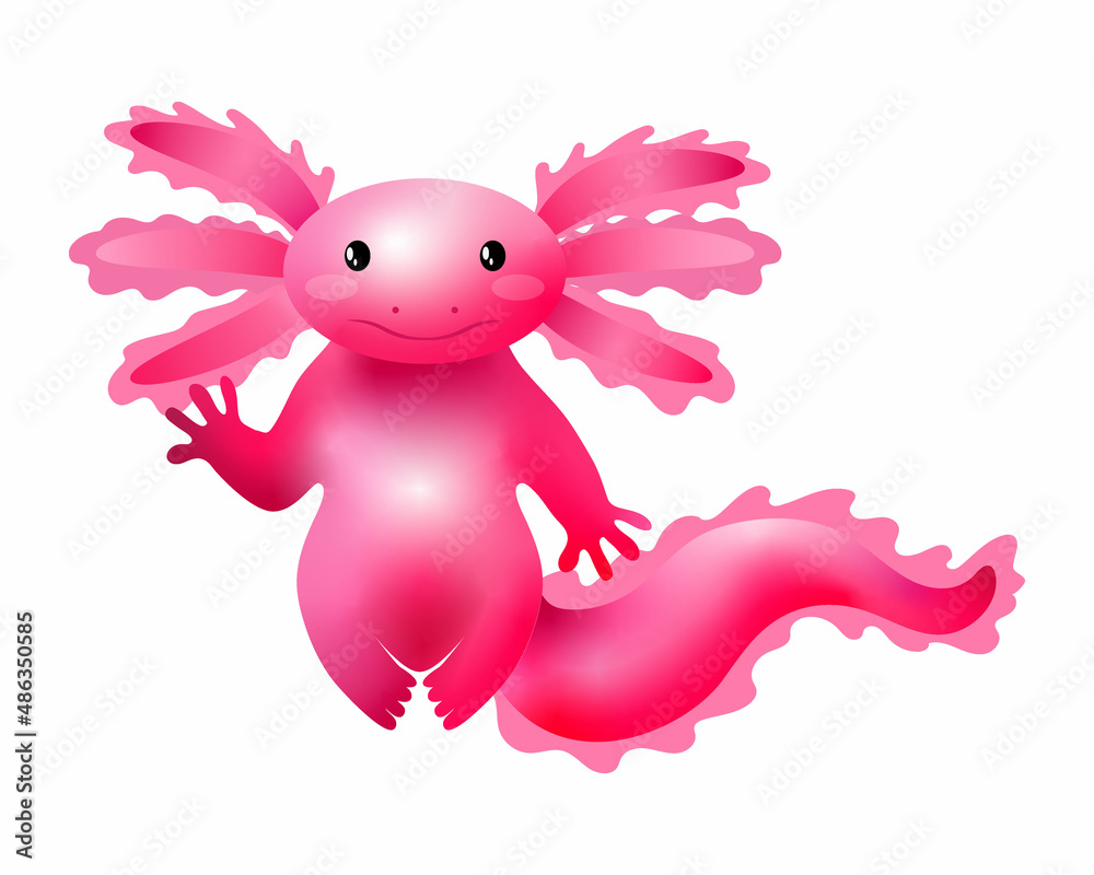 Cute hand drawn cartoon style axolotl. Salamander. A floating pink axolotl with an enthusiastic look and a cute smile. Kawaii vector illustration of a fun tiny axolotl. Nature protection mascot. Cute hand drawn cartoon style axolotl. Salamander. A floating pink axolotl with an enthusiastic look and a cute smile. Kawaii vector illustration of a fun tiny axolotl. Nature protection mascot.