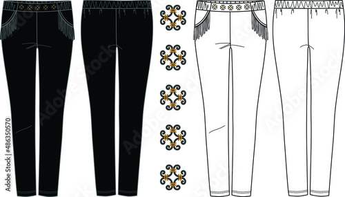 Vector slim fit pants fashion CAD, woman high waist leggings with fringe trim technical drawing, legging fashion flat with embellishment, sketch, template. Leggings with front, back view, white color