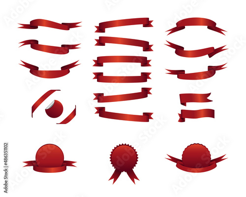 Set of red ribbon banners. Color vector illustration for advertising, greeting cards. White isolated background.