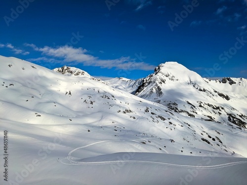 Beautiful winter landscape in the winter time. Skitour Chorbschorn from Strelapass. Skimo in Davos. Mountaineering. Schiahorn Parsenn photo