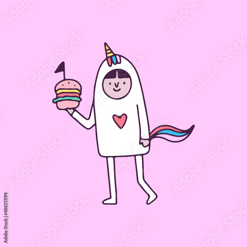 Cute boy in unicorn costume holding burger. illustration for t shirt, poster, logo, sticker, or apparel merchandise.