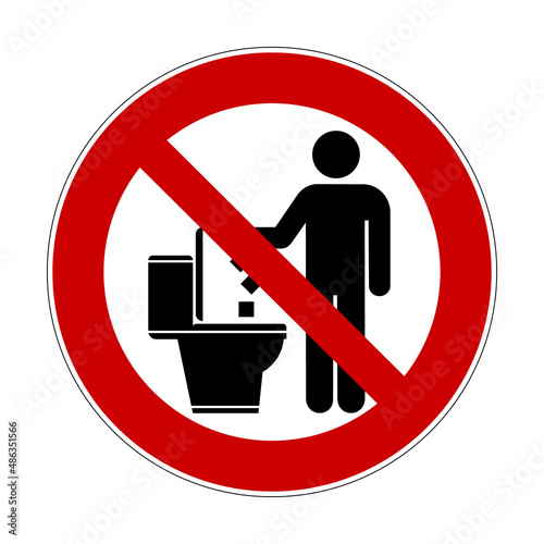 Do not litter in the toilet. Red crossed out circle prohibition sign with man throwing rubbish in toilet. Throwing trash symbol. Keep clean in public place. Throw garbage in bin. Flat design.