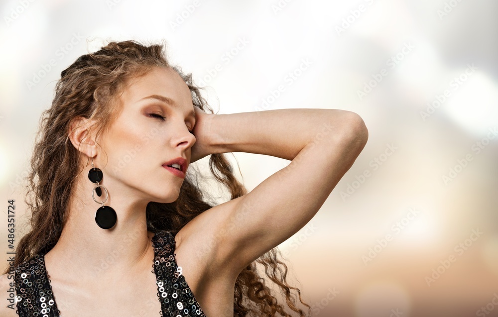 Obraz premium Beautiful Young woman lifting hands up to show off clean and hygienic armpit, Smooth armpit cleanliness and protection concept