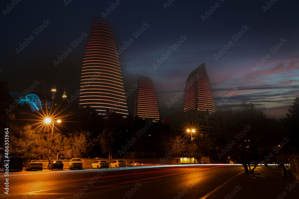 Baku, Azerbaijan - January 03 2022- Panoramic city view  at night with long exposure