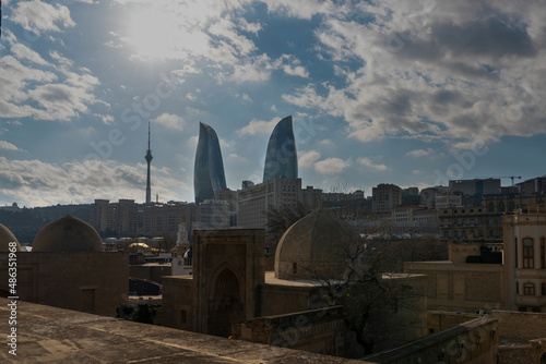 Baku, Azerbaijan - January 03 2022- View from shirvanshahs' palace complex and flame towers in background