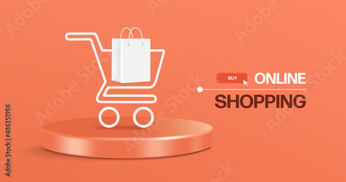 white shopping bag placed on a white shopping cart and all object placed on a round podium,vector 3d isolated on orange background for online shopping advertising concept design photo