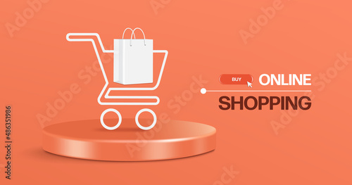 white shopping bag placed on a white shopping cart and all object placed on a round podium,vector 3d isolated on orange background for online shopping advertising concept design