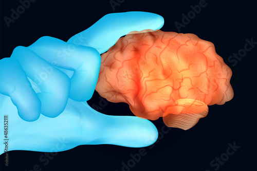 Doctor's hand in blue gloves hold human brain. Vector illustration.