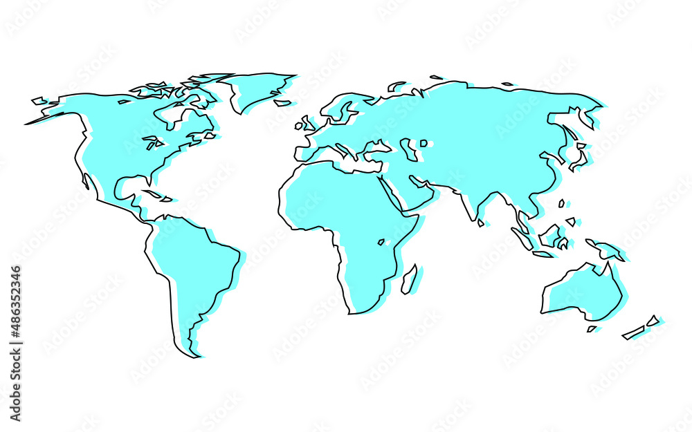 Green outlined World Map divided into six continents on white background