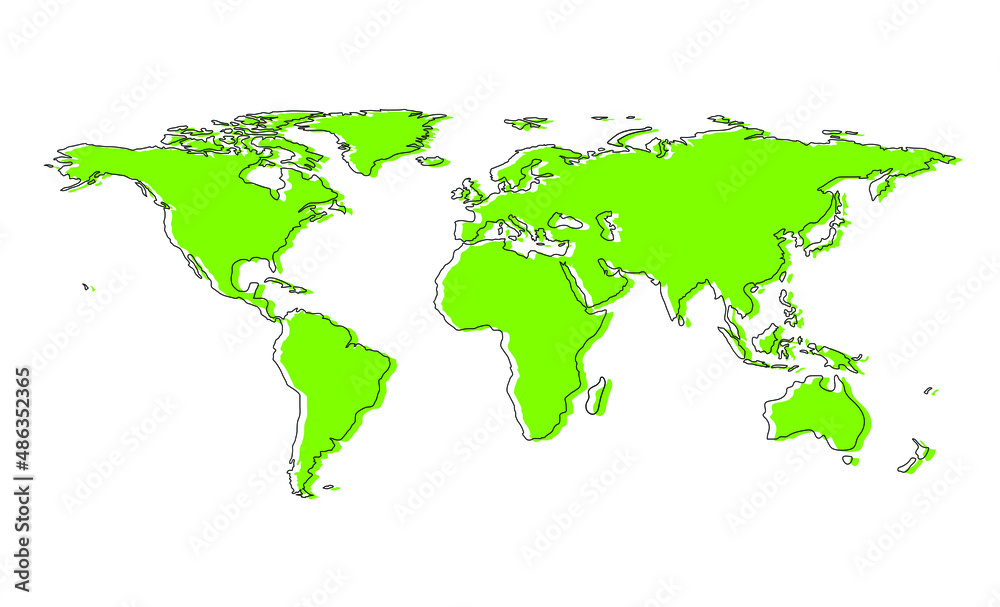 Green outlined World Map divided into six continents on white background