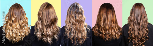 collage with many balayage hairstyles of women with long curly and straight hair