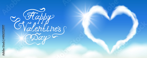 Greeting banner with heart in blue sky with clouds and calligraphic handwritten congratulatory text Happy Valentine day