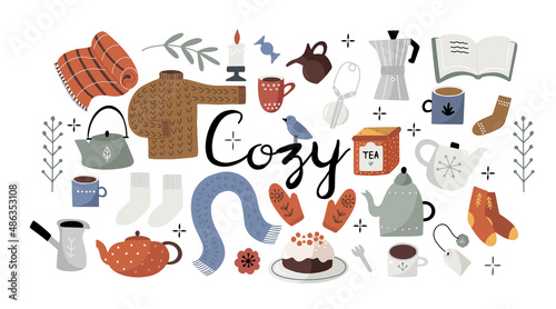 Set of hand drawn cute cozy time objects in cartoon flat style, isolated vector illustrations