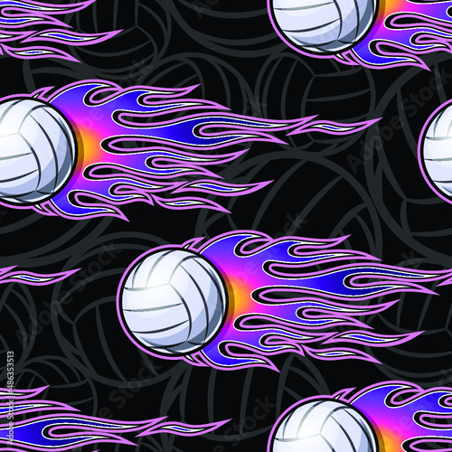 Seamless pattern with volleyball balls and flame.