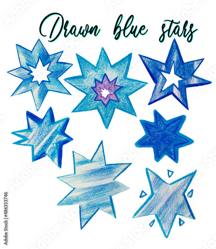 Pencil drawn blue stars clip art, hand drawn starry pattern, drawn blue stars background, shining, isolated kids pattern, isolated, cosmic 