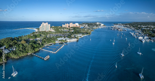 The drone aerial panoramic view of Paradise Island and Nassau port, Bahamas.