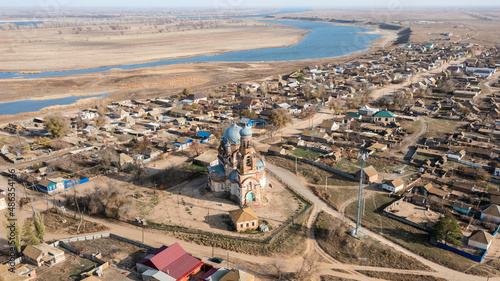 The village of Prishib in Astrakhan Oblast. View from a height. High quality photo